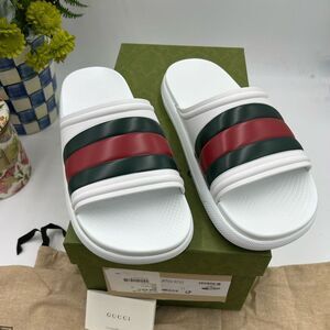 Men's Gucci web striped rubber Pool slides size 11 made in Italy.  NEWEST STYLE